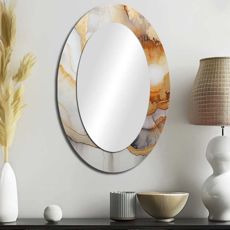 Géode I beige et orange minimalisme en pierre - grand miroir mural ovale sur métal, H 36 po x l 24 po