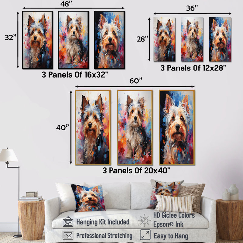 Doge Yorkie Reverie - ensemble d'art mural sur toile de 4 chiens, Cadre flottant brun, H 28 po x l 36 po