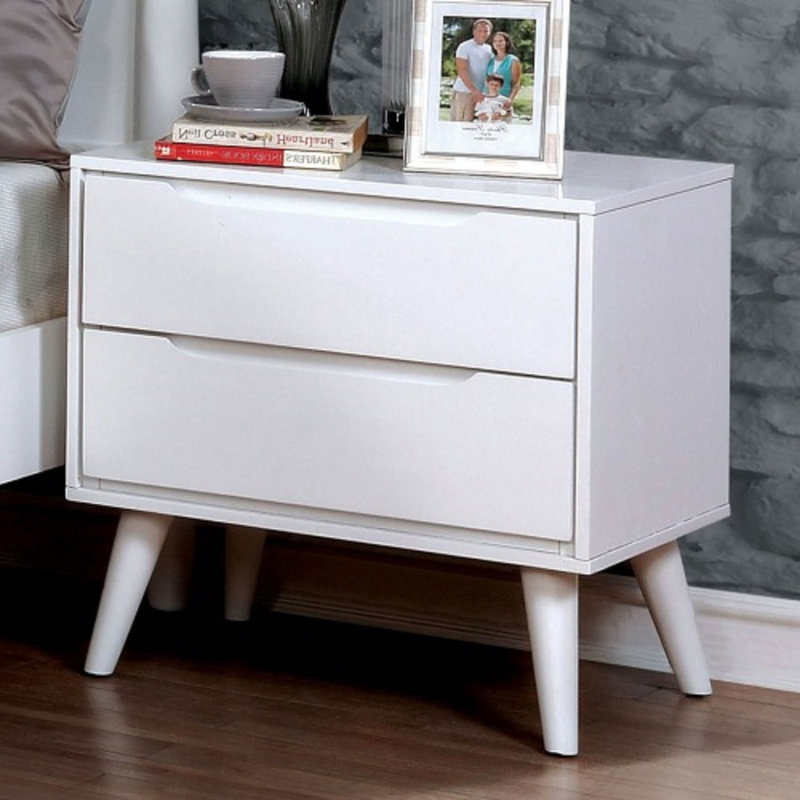Mid-Century Modern White Color 1Pc Nightstand Bedroom Furniture Solid Wood Round Tapered Legs 2-Drawers Bedside Table, White