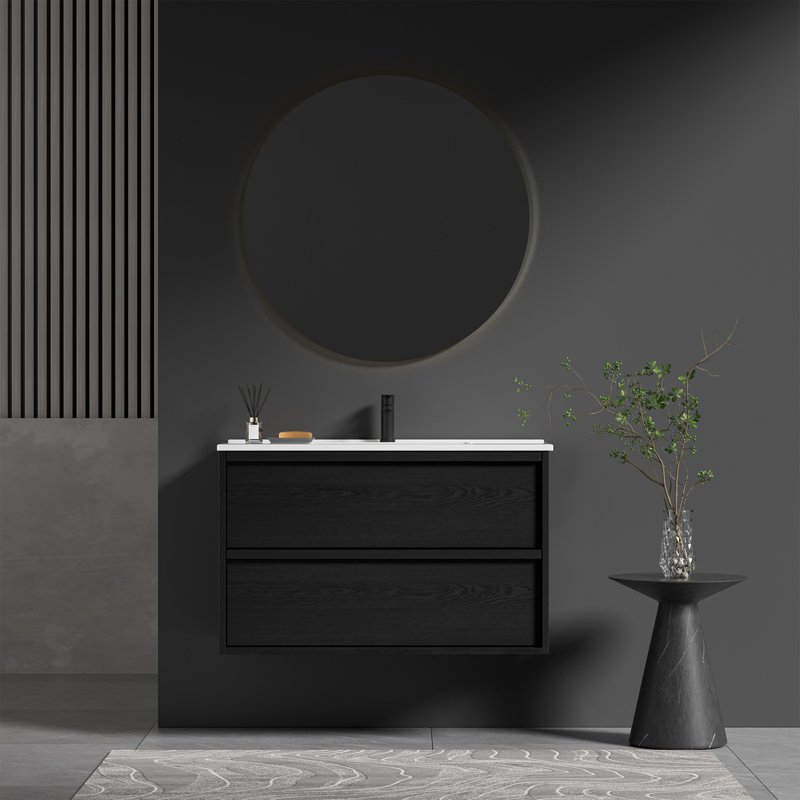 Mid-Century Modern Wall-Mounted Vanity With Soft-Close Drawers & Ceramic Sink, 35"