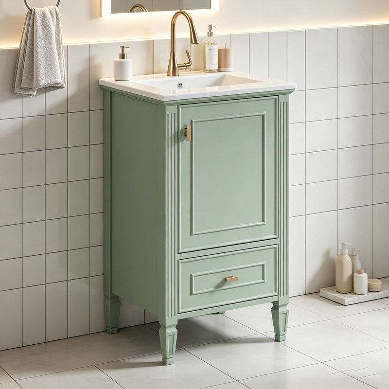 Meuble-lavabo de 20 po avec lavabo en céramique, pieds en bois massif, meuble-lavabo autoportant avec armoire de rangement, tiroirs et portes à fermeture en douceur, support de rangement