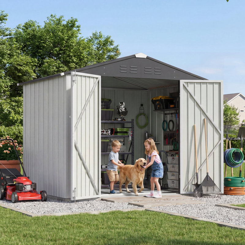 8 Ft. W X 6 Ft. D Metal Storage Shed With Floor Frame, White, White