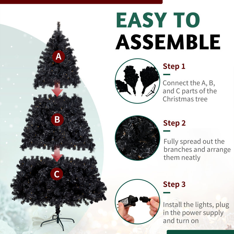 Arbre de Noël 7,5 pi en PVC noir avec 400 DEL blanc froid et chaud et télécommande