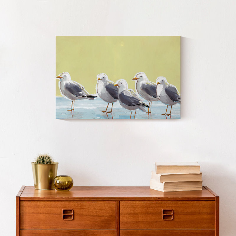 Mouettes sur fond jaune sur toile, H 12 po x l 18 po x P 1,25 po, Toile tendue