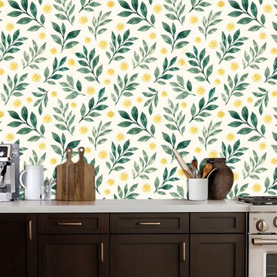 Peel and Stick Wallpaper eucalyptus Green Leaves Yellow Lemon Light Contact Paper Removable Self Adhesive Wall Mural Wall Decor for Bedroom Kitchen Cabinets 17.7in x 118in
