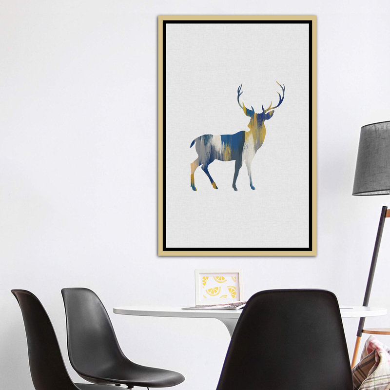 Cerf bleu et jaune - impression d'art graphique, H 60 po x l 40po x P 1,5 po, Toile encadrée d'or