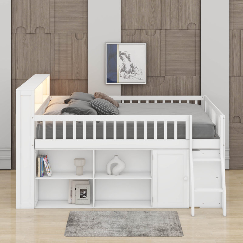 Low Loft Bed With LED Headboard & Storage Shelves, Playhouse Beds With Under-Bed Play Space, White, Full