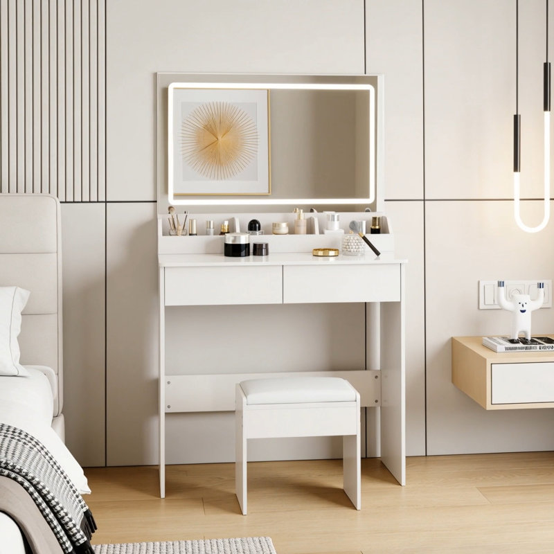 Très grande coiffeuse avec miroir à DEL de 31 po x 20 po + ensemble de tabouret à coussin souple, interrupteur tactile, 3 couleurs, luminosité réglable, rangement de grande capacité, coiffeuse compacte convenant aux petits espaces