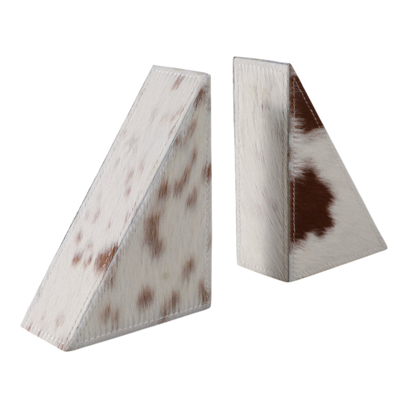 Decorative Leather Cow Print Bookends For Home Decor - Modern Book Ends For Shelf,Office Desk, And Bookshelf Decor Accent - Set Of 2, 7", Ivory & White