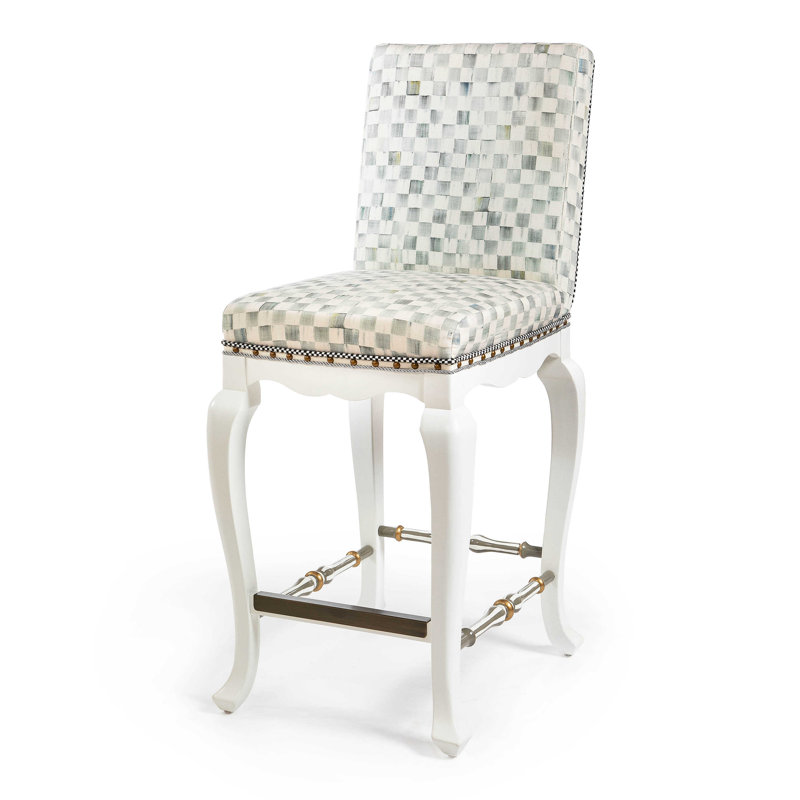 White and Gray Solid Wood Counter Stool with Upholstered Back