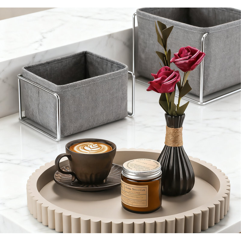 Handmade Wooden Decorative Tray For Coffee Table, Fluted Circle Design, Versatile Round Tray For Kitchen, Living Room, And Home Decor