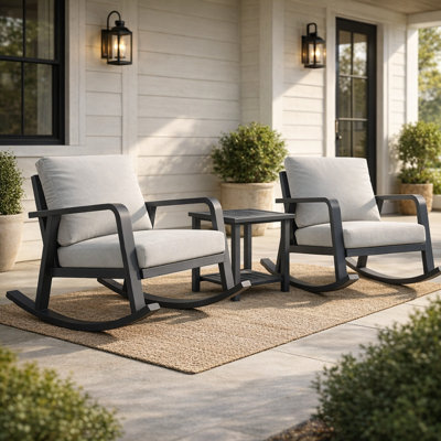 Ensemble de chaises berçantes contemporaines d'extérieur, meubles de patio en aluminium 3 pièces pour 2 personnes avec table d'appoint, coussins en oléfine, terrasse de patio