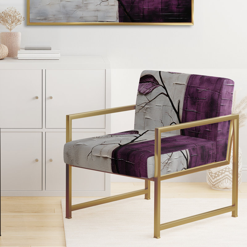 Purple Leaves Plum Precision - Upholstered Scandinavian Arm Chair, Purple Accent Chair, Gold