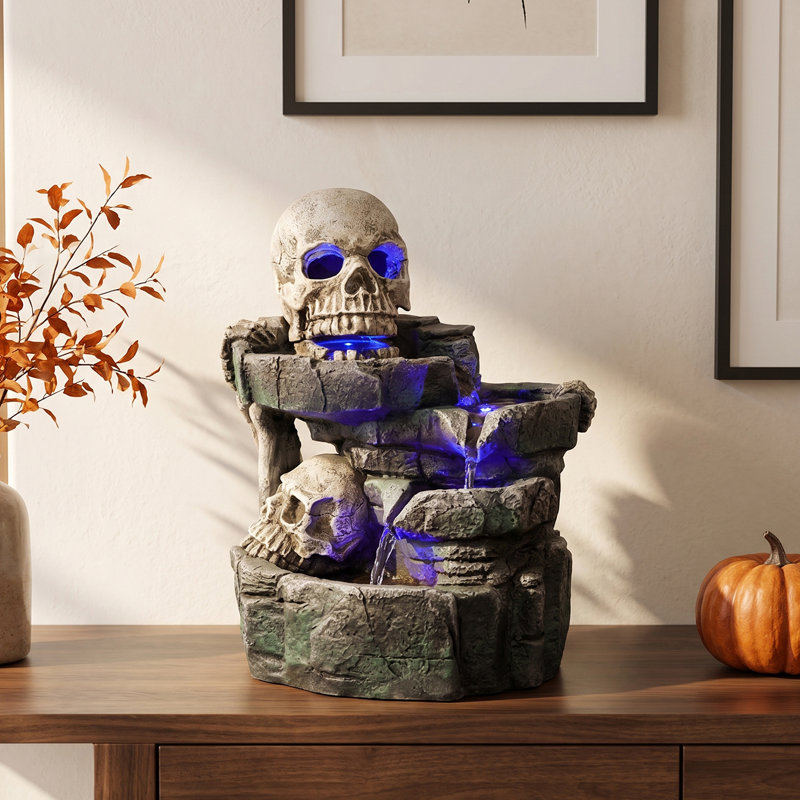Fontaine de bureau d'Halloween avec écoulement de crâne à DEL, cascade de crâne en cascade avec DEL bleue