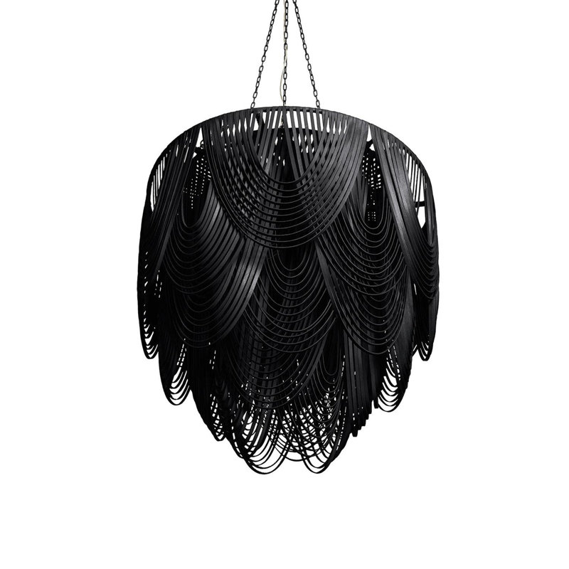 Large Leather Fringe Flushmount Chandelier, Black