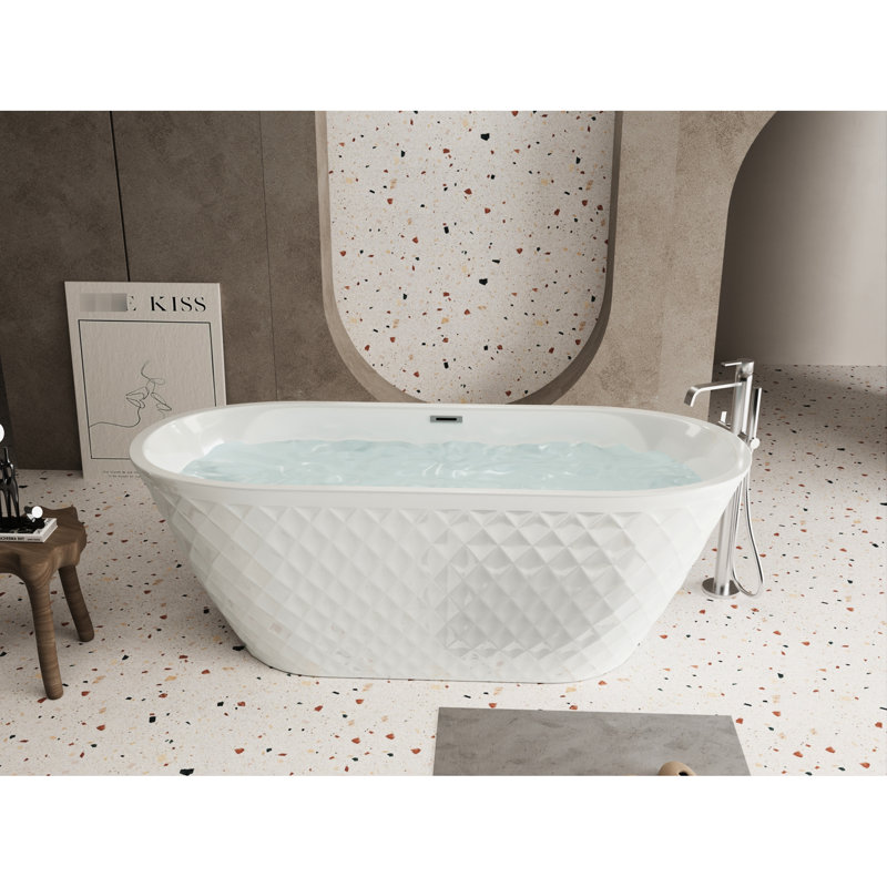59 - 61 Inches Acrylic Freestanding Bathtub, Oval Shape, Gloss White Polished Finish, Center Drain, Contemporary Soaking Tub, Double Wall Insulation, Effortless Installation, Modern Luxurious Design,