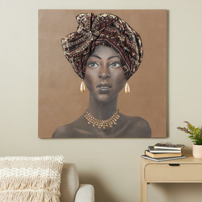 Cole And Grey Canvas Woman Wall Art With 3D Fabric Headwear And Gold Jewels