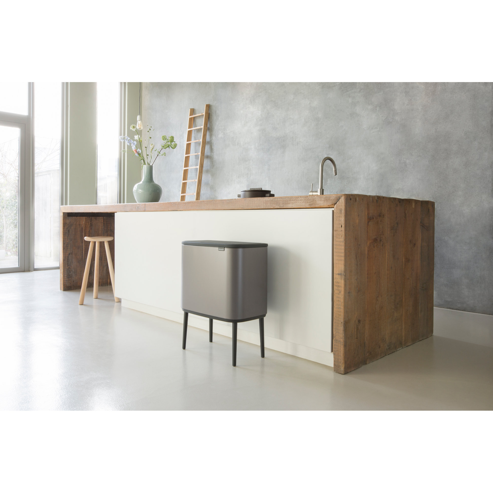 Brabantia Bo Touch Top Multi-Compartment Recycling Trash Can 3 x 3 Gallon (9 Gallon Capacity), Platinum