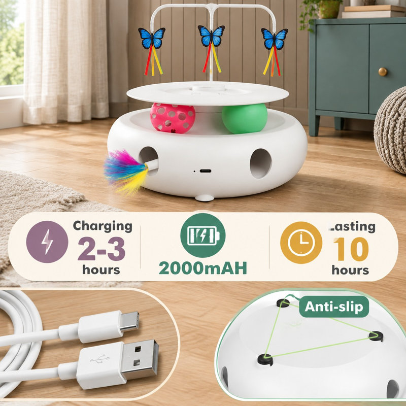 Jouet interactif automatique 3 en 1 pour chats d'intérieur avec papillon, plume d'embuscade et balles de suivi, réveil par capteur intelligent et alimentation USB pour l'exercice et la lutte contre l'ennui