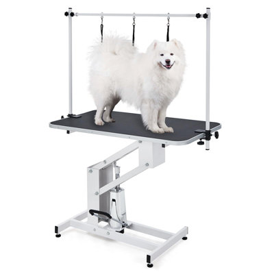 Table de toilettage pour animaux de compagnie pour grands chiens Professional Table de toilettage hydraulique 43,3 po antidérapante en caoutchouc 350 lb, station de toilettage pour chien, bras réglable, structure en acier robuste, pour les salons d'anim