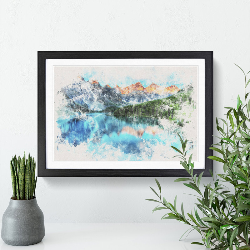 Banff National Park in Alberta Canada Watercolour - Picture Frame Graphic Art Print, 36cm H x 48cm W x 2cm D, Black Framed