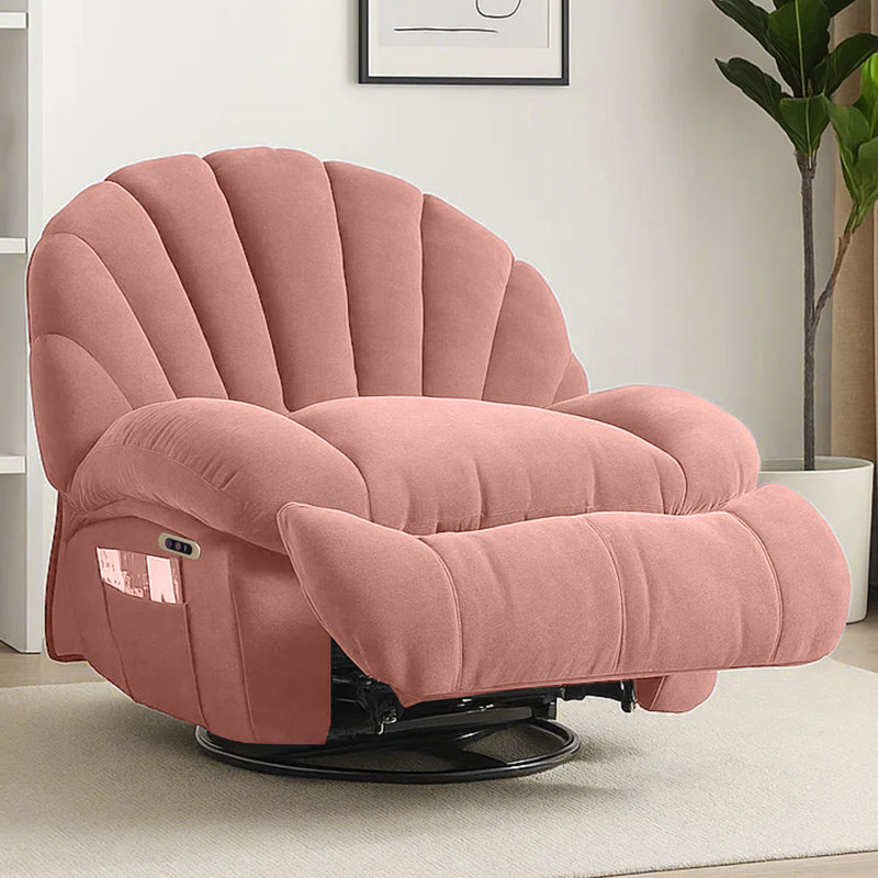 Wide Modern Style Accent Swivel And Rocker Recliner Chair, Pink, Power