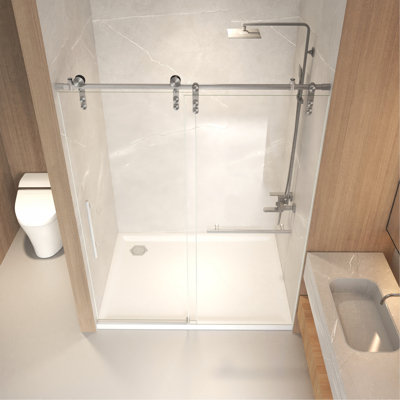 56-60" x 76"H Frameless Sliding Shower Door, 5/16" (8mm) Clear Tempered Glass, Stainless Steel Frame,Brushed Nickel