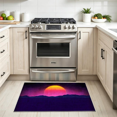 Blue Machine Washable,Retro Futuristic Landscape Style Indoor Area Rug