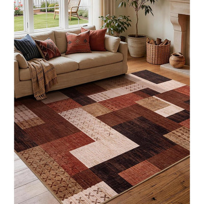 Tapis lavable brun patchwork géométrique, tapis antidérapant doux à poils courts pour le salon et la chambre à coucher