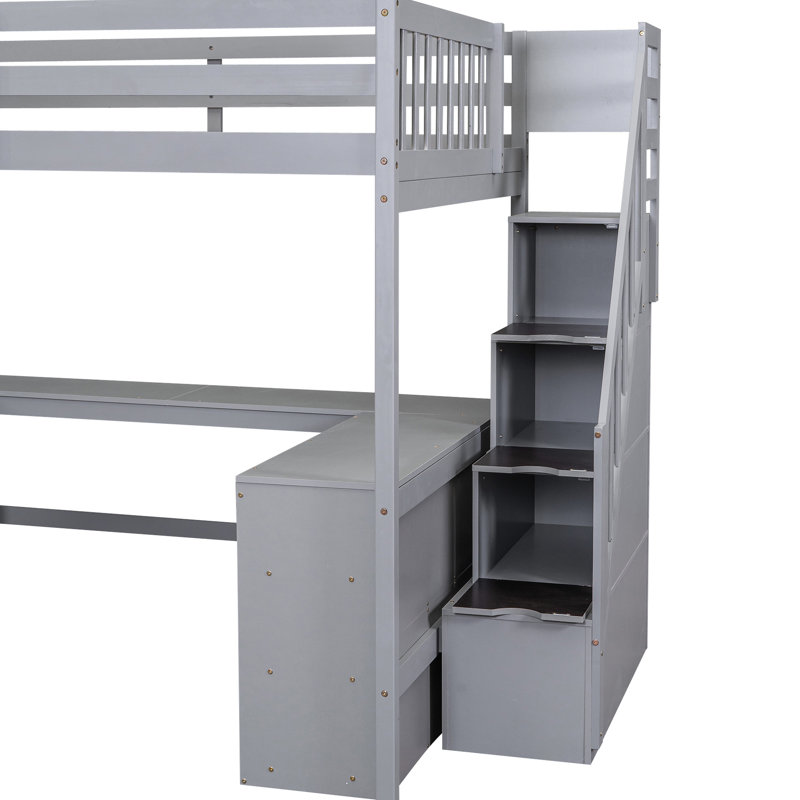Améliorez votre espace avec un lit mezzanine double, un bureau en L, des tablettes et un escalier intégrés et du rangement - Aménagement de chambre à coucher efficace