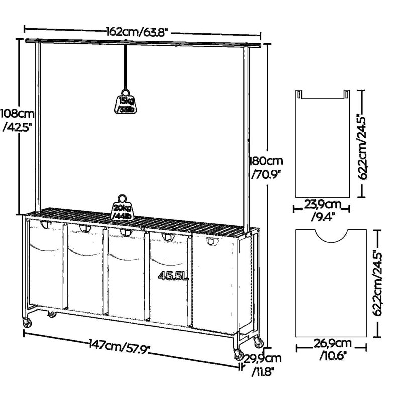 5-Section Rolling Laundry Sorter With Hanging Rack & Storage Shelf, Mobile Laundry Hamper Organizer With Wheels And Removable Baskets For Laundry Room