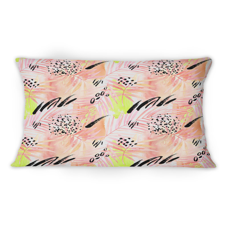 Coussin décoratif imprimé à motif de feuilles de palmier roses à motif graphique rétro