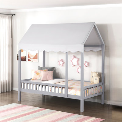 Finition grise lit plateforme lit à baldaquin en tissu moderne en bois 1pc