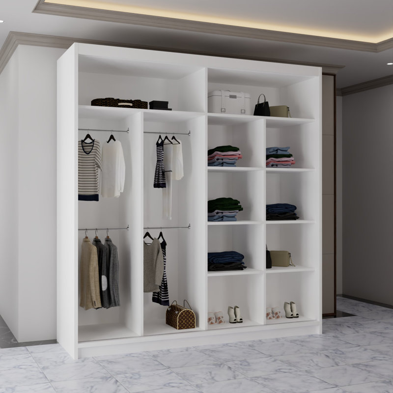 Modern 2 Door Sliding Mirror Wardrobe – Stylish Bedroom Storage in 2 Sizes and 3 Colours, 217cm H x 203cm W x 62cm D, White