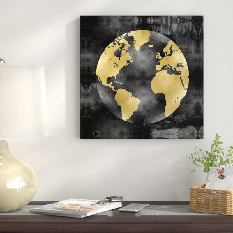 «The Globe Gold on Black», impression sur toile, H 12 po x l 12 po x P 1,5 po, Toile encadrée noire, Pas de tapis