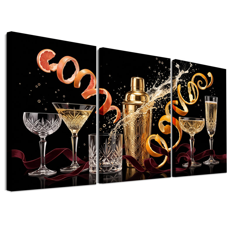 Ensemble de 3 verres à pamplemousse peel and cocktail en or sur toile, H 30 po x l 20 po x 3 pièces