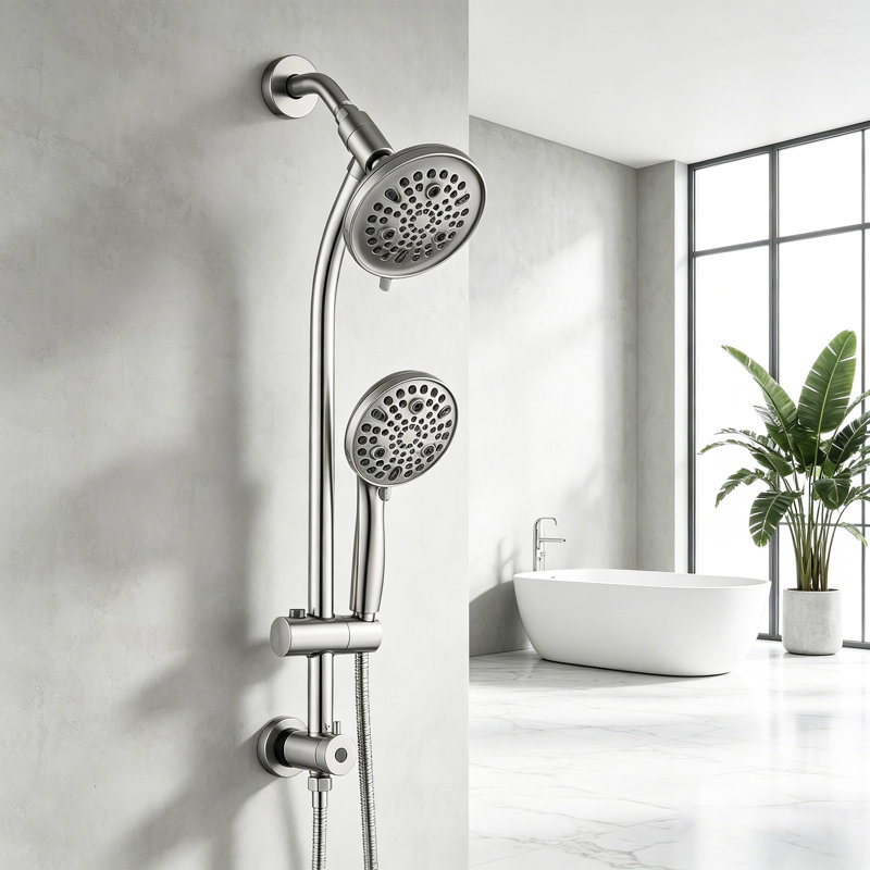 Ensemble de douche à double pommeau haute pression, pommeau de douche effet pluie avec douchette à main, barre de douche coulissante de 66 cm sans perçage, flexible de 1,5 m et inverseur à 3 voies, fini nickel brossé, robinetterie non incluse