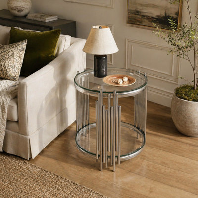 Table de bout ronde en verre 19,7 pouces, table d'appoint à 2 niveaux avec pieds en acier inoxydable et verre trempé, luxe moderne pour le salon et le bureau personnel