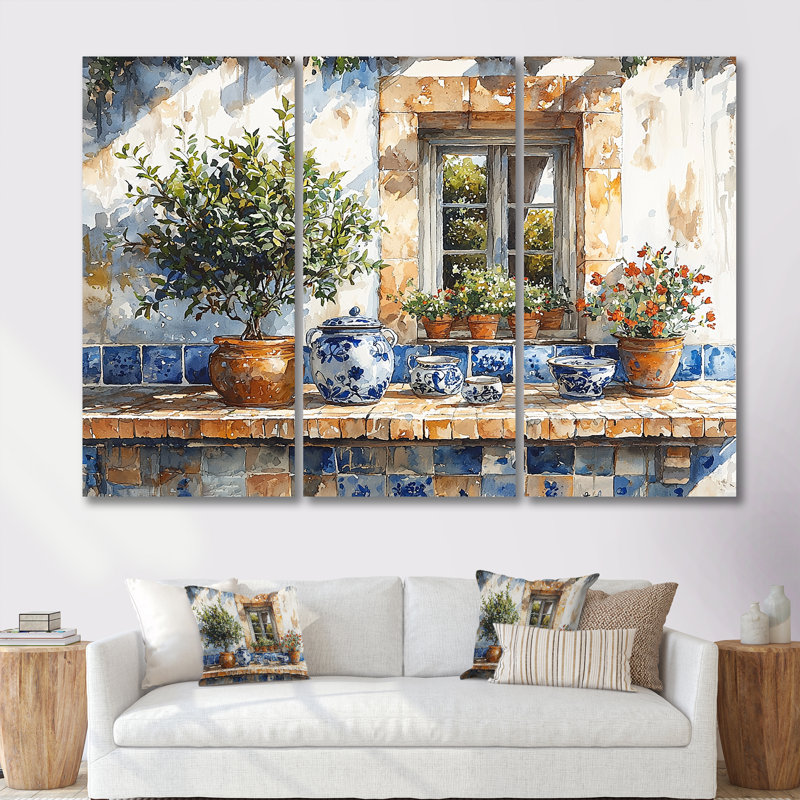 «Blue and Green Kitchen Greek Kitchen», ensemble d'art mural, Toile tendue, H 40 po x l 60 po x P 1 po