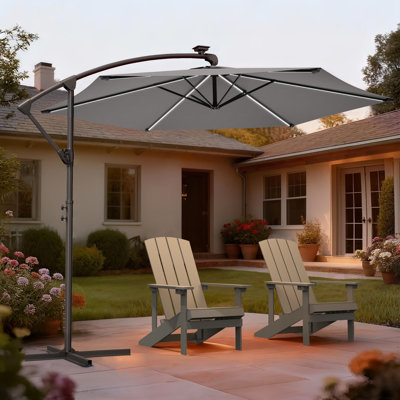 Parasol solaire à DEL de 3 m avec poignée pliable et base en croix, idéal pour terrasse, jardin et piscine, toutes saisons.