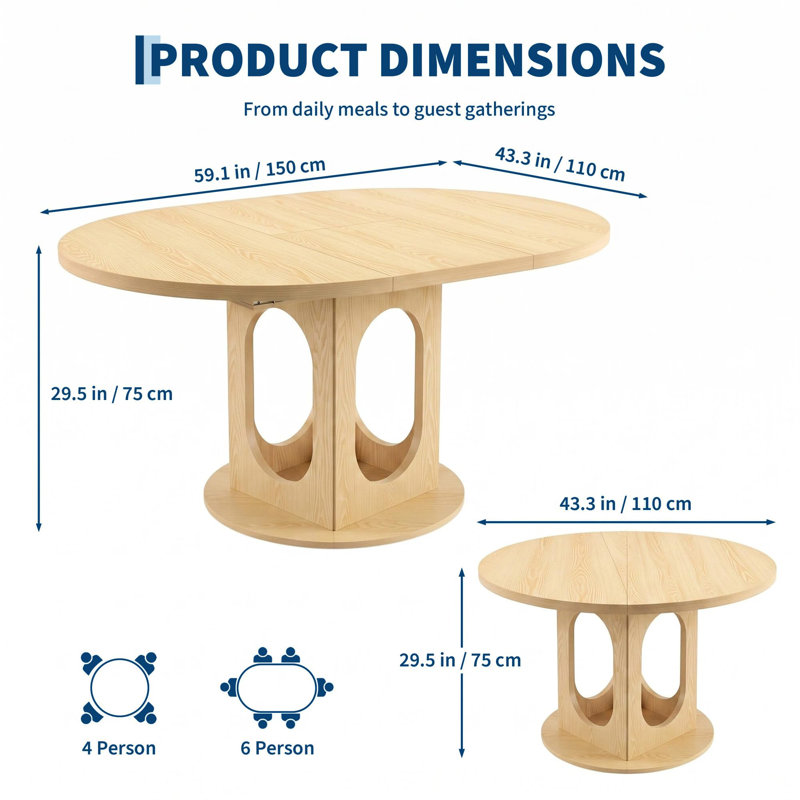 Table de salle à manger ovale extensible avec rangement dissimulé, table de cuisine à pied central, 4 à 6 couverts, forme ronde à ovale, couleur naturelle