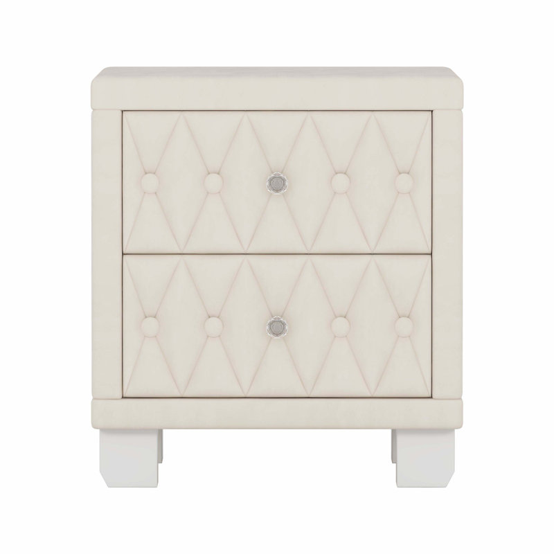 Elegant Velvet Nightstand With 2 Drawers And Crystal Handle, Storage Bedside Table With Button-Tufted, Beige