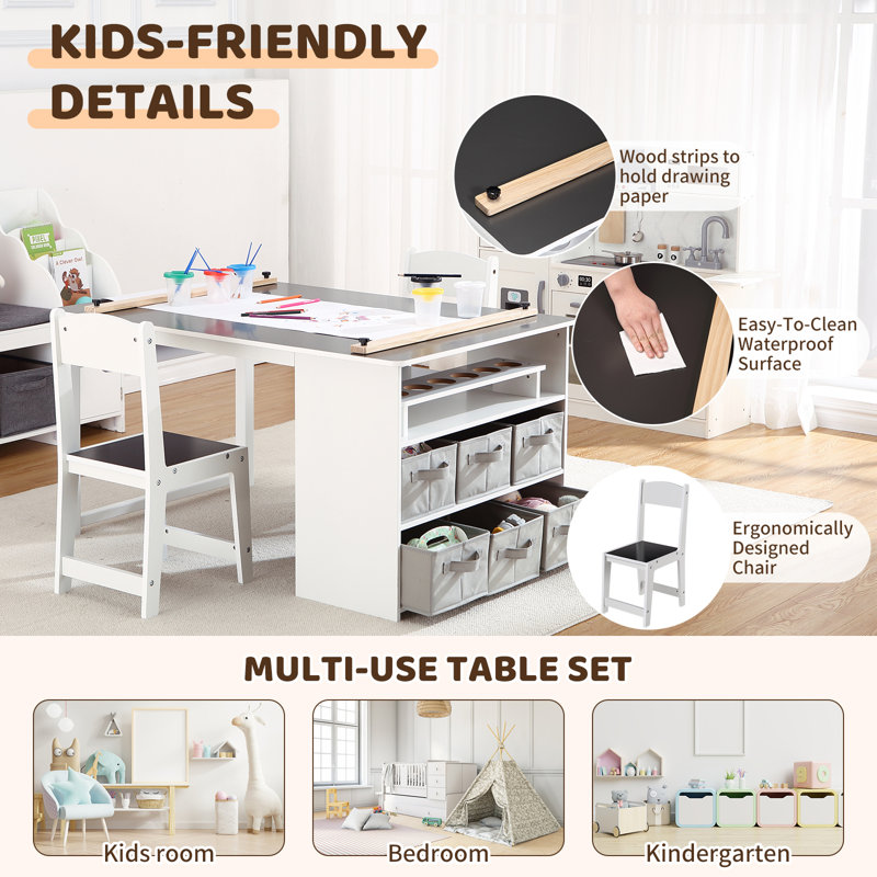 Kids Art Table And 2 Chairs With Storage Bins,Toddler Activity Table