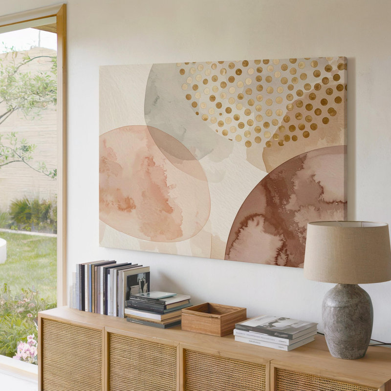 Toile douce et abstraite, formes chevauchantes avec accents dorés métalliques, art mural sur toile, prêt à accrocher