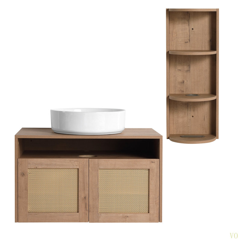 Meuble-lavabo de 30 po avec lavabo d'art en céramique et support de rangement, 2 portes à fermeture douce, conception à fixation flottante, contreplaqué (emballage KD)