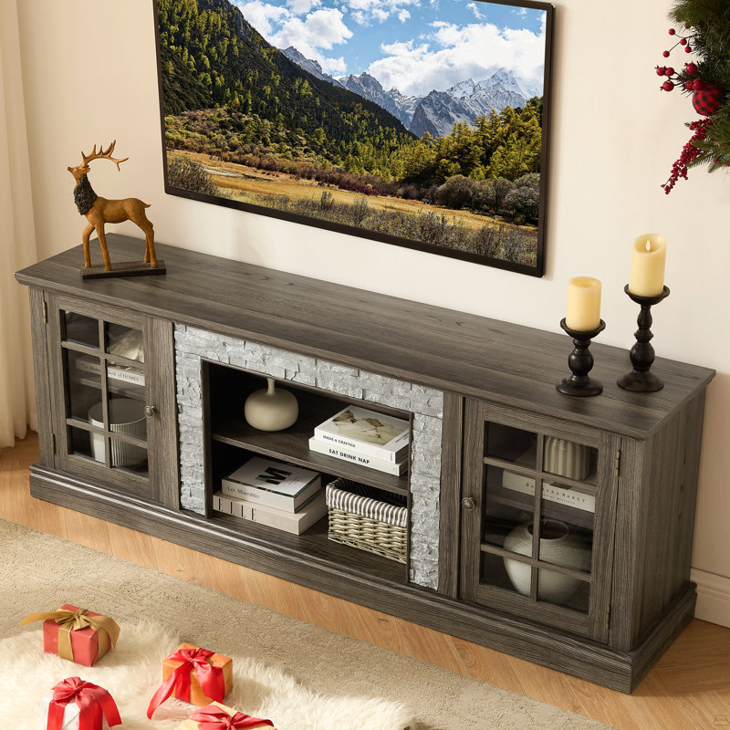 70" TV Stand With 2-Door Storage, Faux Stone Media Console Cabinet, Gray