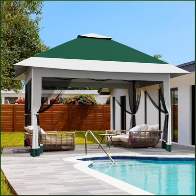 Tente de jardin escamotable 13X13, auvent extérieur avec moustiquaire, [Hauteur réglable et spacieuse] Tente escamotable avec double toit, pavillon de jardin extérieur résistant aux rayons UV pour la cour, le patio, la pelouse, le jardin, la terrasse 