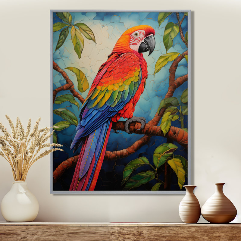 Perroquet rouge et vert dans la jungle africaine II, Cadre argenté flottant, bois massif, H 20 po x l 12 po