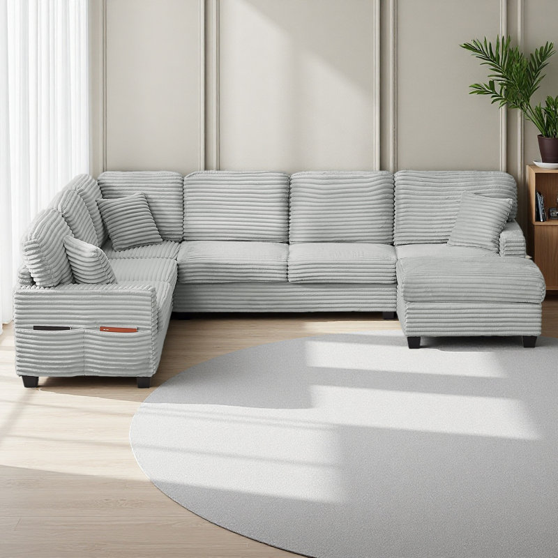 Sectional Sofa U-Shaped Sectional 125.2" Upholstered L-Shaped Sofa With A Movable Ottoman And Side Storage Pockets, Grey