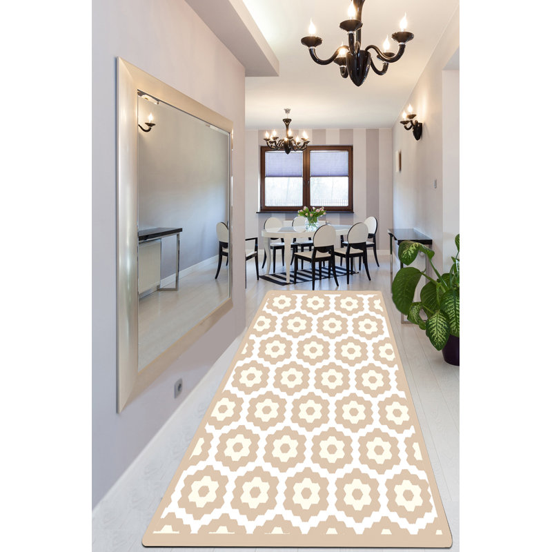 Elegant Hall Carpet, 2.6 x 9.8 Feet, Beige & White | 100% Polyester, 0.4 in Pile Height | Antibacterial, Non-Slip Underside, Machine Washable | Perfect for Living Room & Entryway, Durable & Stylish Design